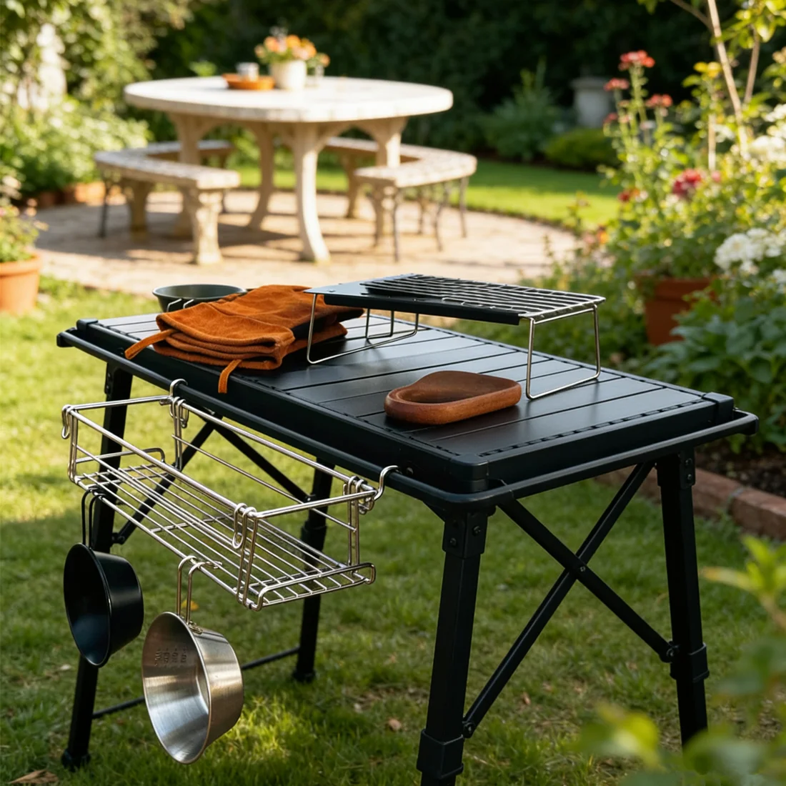 CLS Outdoor Edelstahl Seitenstauraum-Gestell, Netz-IGT-Tisch-Erweiterungshalterung, Klappbarer Tischständer für Camping, BBQ, Picknick