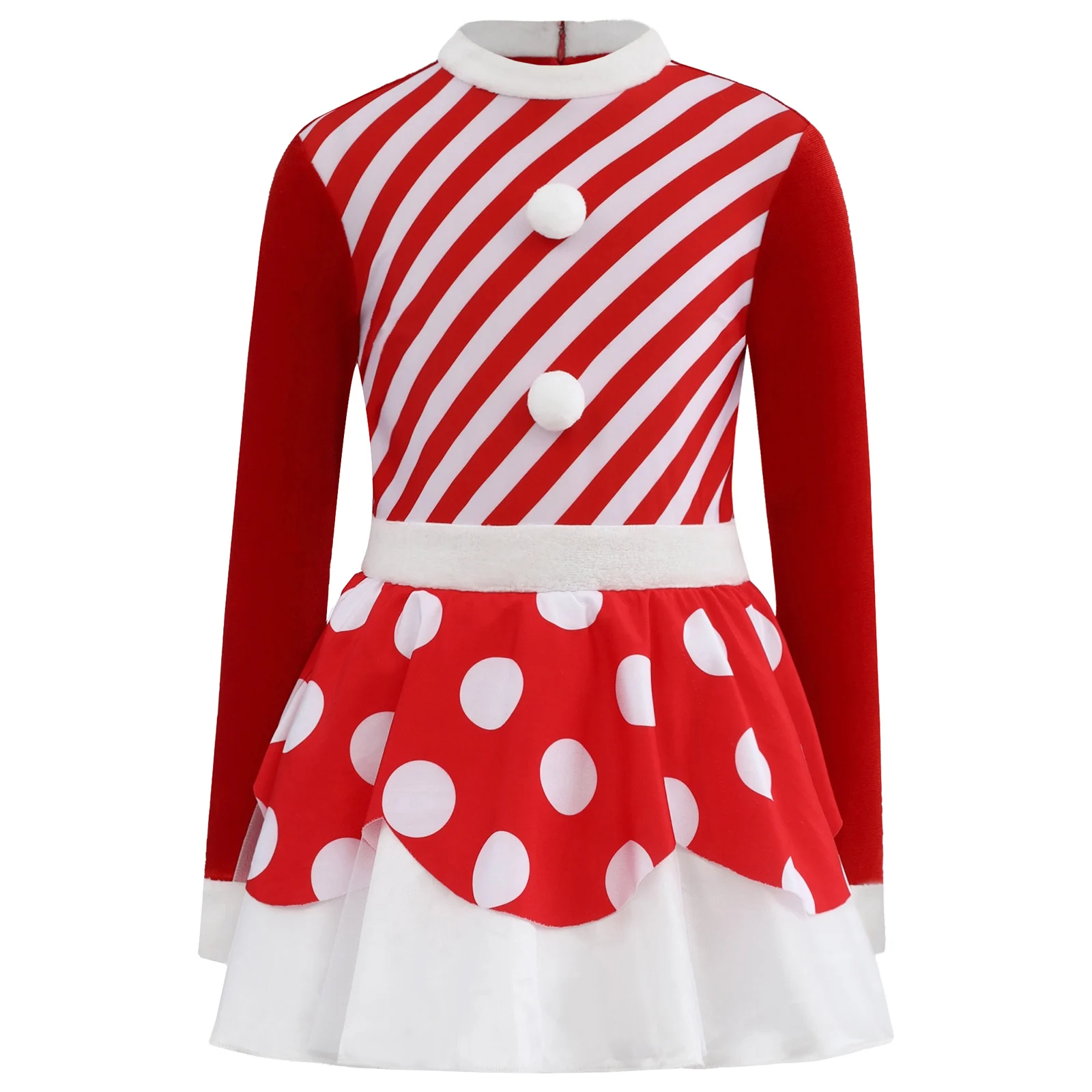 

Kids Girls Candy Cane Striped Santa Costume Christmas Dress Long Sleeve Pompom Back Invisible Zipper Xmas Holiday Tutu Dress
