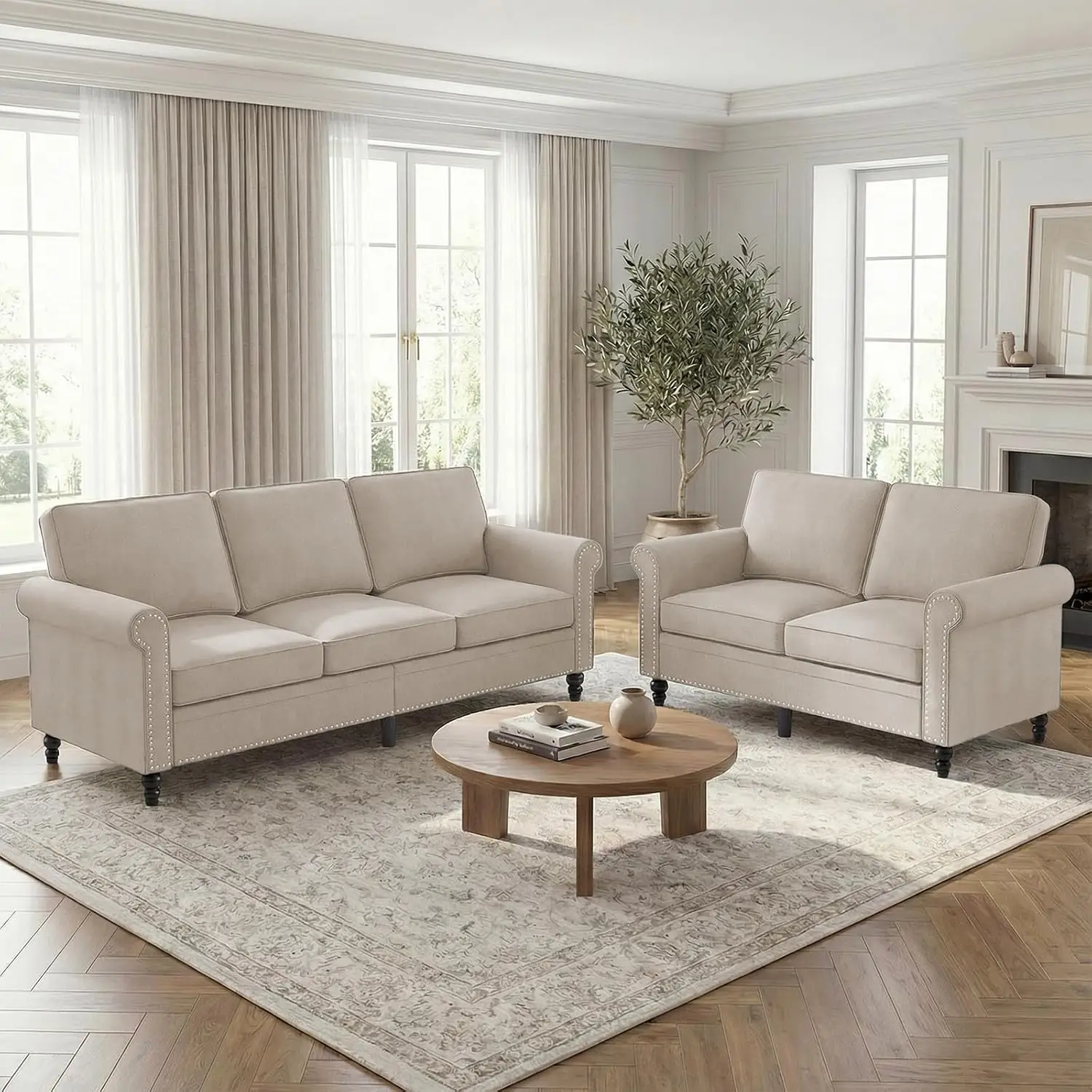 Linen Sofa & Loveseat Set, Modern Living Room Furniture, Wood Gourd Legs & Frame, Nailhead Trim, Beige, Customized