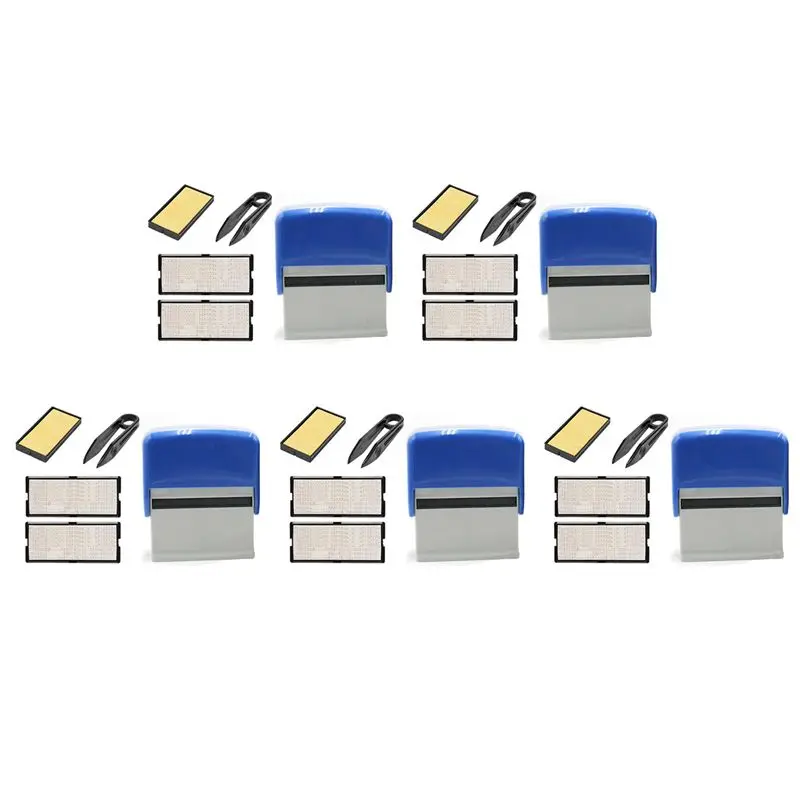 AT21-5X Self Inking Stamp Set Custom Personalised Business Name Number Address Printing Rubber Stamp With Tweezers Kit Blue