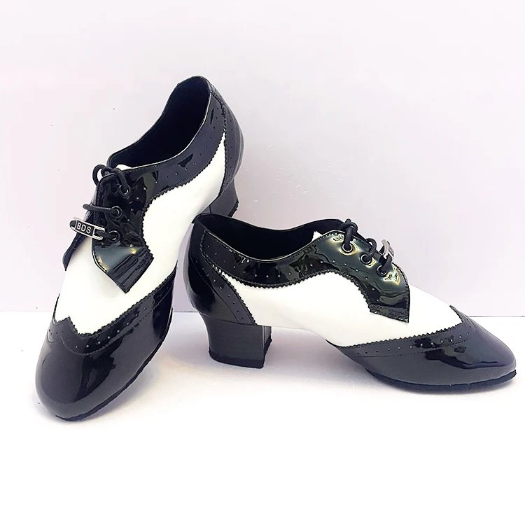 Professional Ballroom Men Elite Competition Performance Shoes with Suede Sole PU Leather Latin Male Cuban Heel Dancing Footwear
