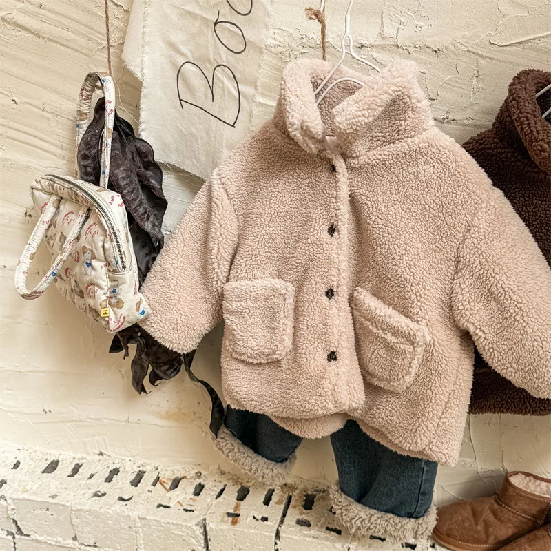 Winter Children Lamb Cashmere Coat Solid Boys Thick Warm Lapel Pocket Jacket Baby Girls Padded Jacket Kids Clothes 1-8 Years