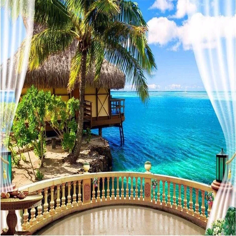 custom 3D mural wallpaper for walls 3 d Balcony window beach sea palm hut holiday backdrop silk photo wall paper art Stickers