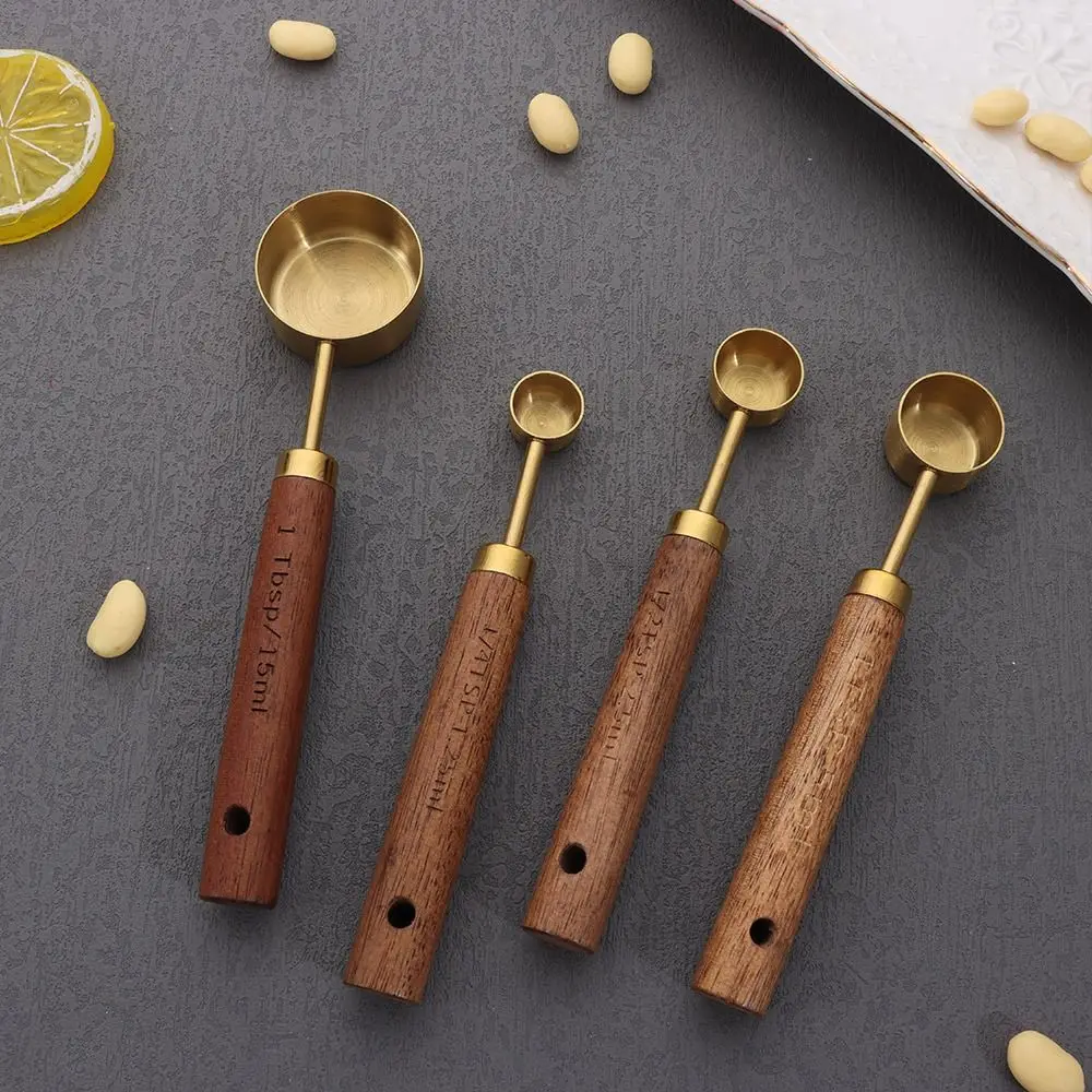4Pcs Stainless Steel Measuring Cup Spoon Wooden Handle Gold Silver Coffee Measuring Spoon 1.25-250ml Black Baking Tool