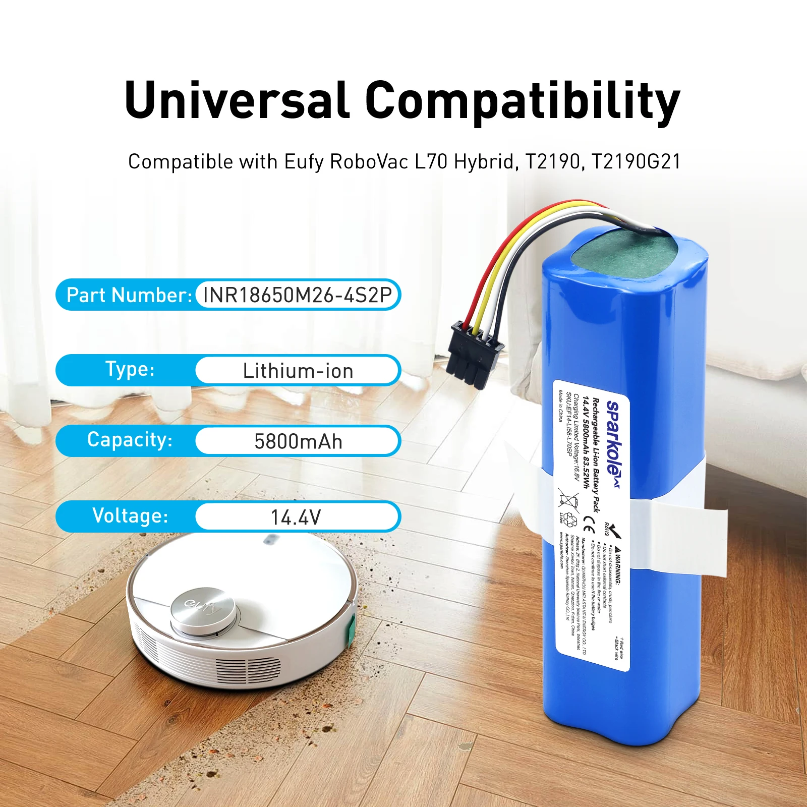 Sparkole 14.4V Li-ion Battery Replacement For Eufy Robovac L70 L10 Hybrid T2190 T2190G21 Number INR18650M26-4S2P Robotvac Parts