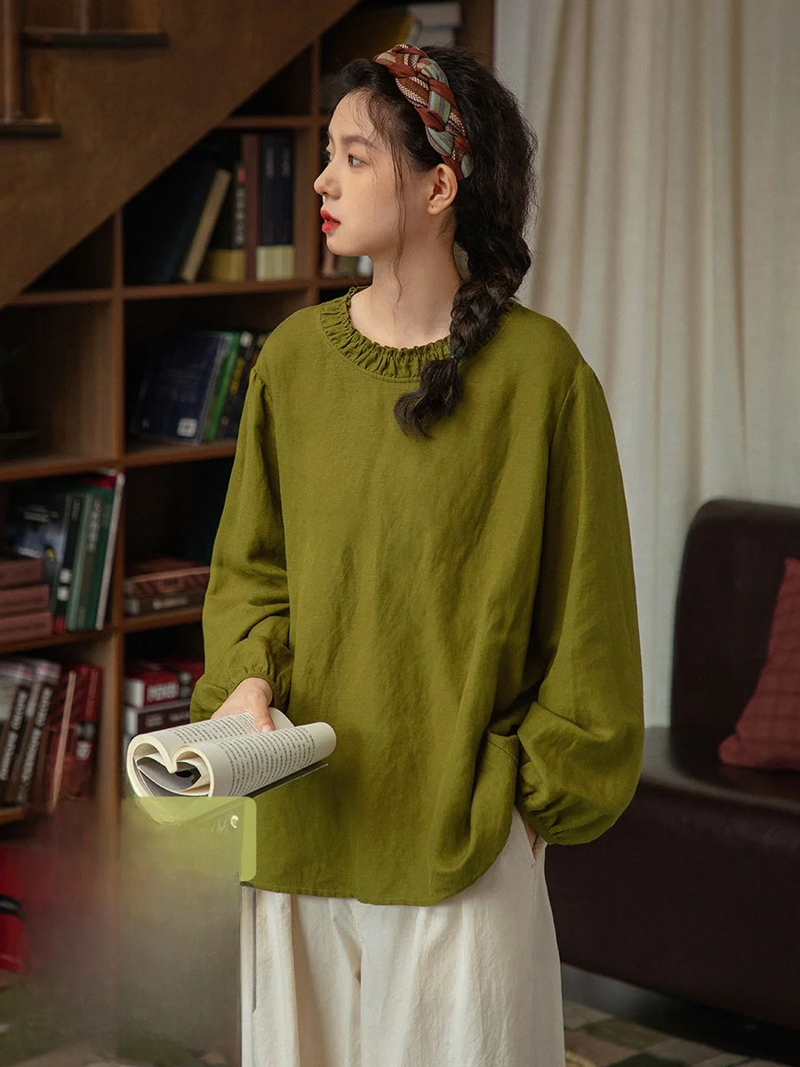 

Loose Fit Long Sleeve Green Shirt Women's Original Design Artistic Retro Pleated round Neck Top Comfortable Linen Blend Casua...