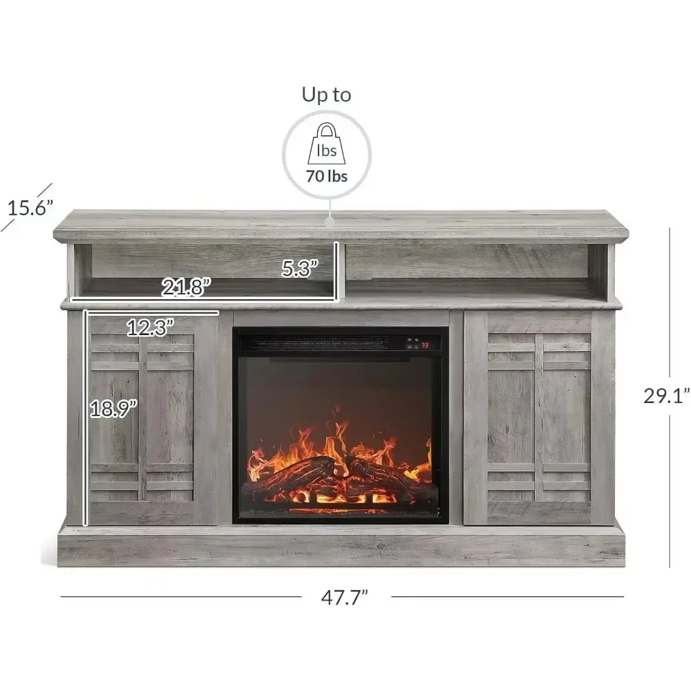 O banco de TV de 48 polegadas é equipado com um aquecedor de lareira elétrica de 18 polegadas, um suporte de TV moderno para TVs de até 50 polegadas