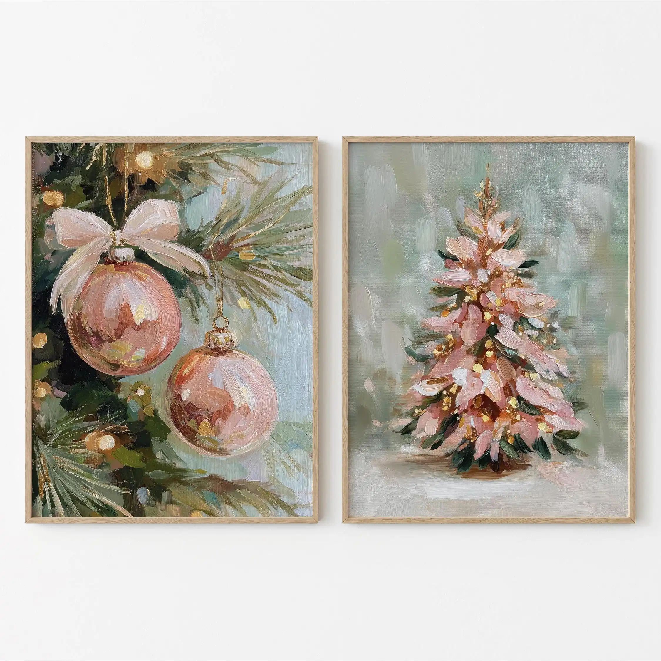 2pcs/Set Vintage Pink Christmas Tree Canvas Posters Unframed Cozy Christmas Wall Gallery Posters for Living Room & Bedroom Decor