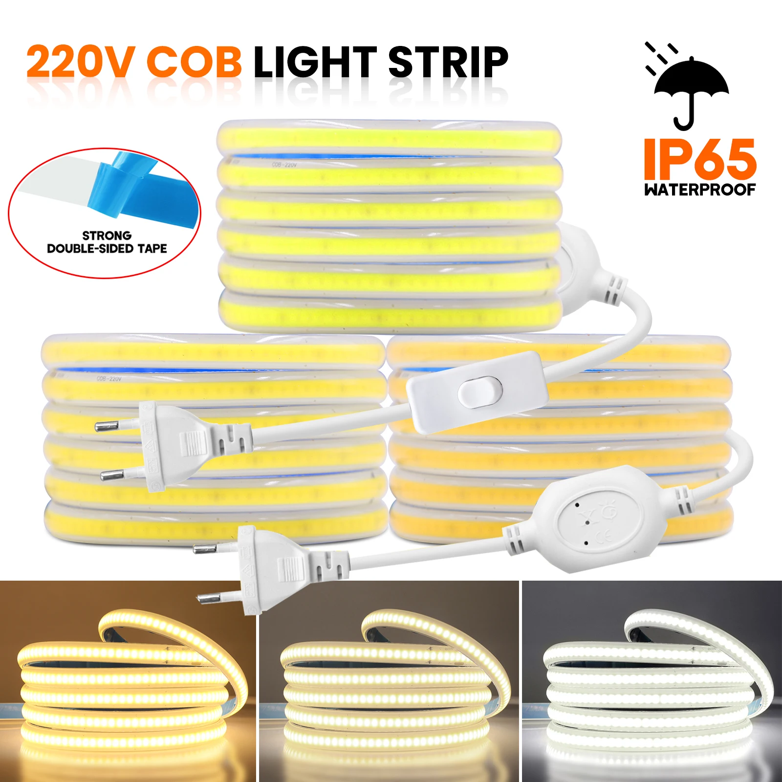 

LED Strip 220V Adhesive High Brightness 288LEDs/m COB Strip Light IP65 Waterproof Flexible LED Tape for Outdoor Garden Lighting