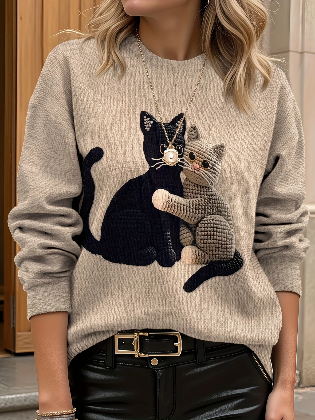 سترة نسائية ثلاثية الأبعاد مطبوعة بأكمام طويلة، فائقة الدقة، نمط زهور قطة واقعية، خفيفة الوزن، رقبة دائرية، ملابس نسائية ناعمة