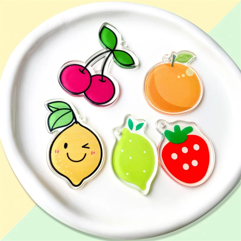 

Новые акриловые бусины в форме фруктов (клубника, вишня, лимон) с цветным принтом, 50 шт./лот, для рукоделия, украшений, одежды и аксессуаров для волос