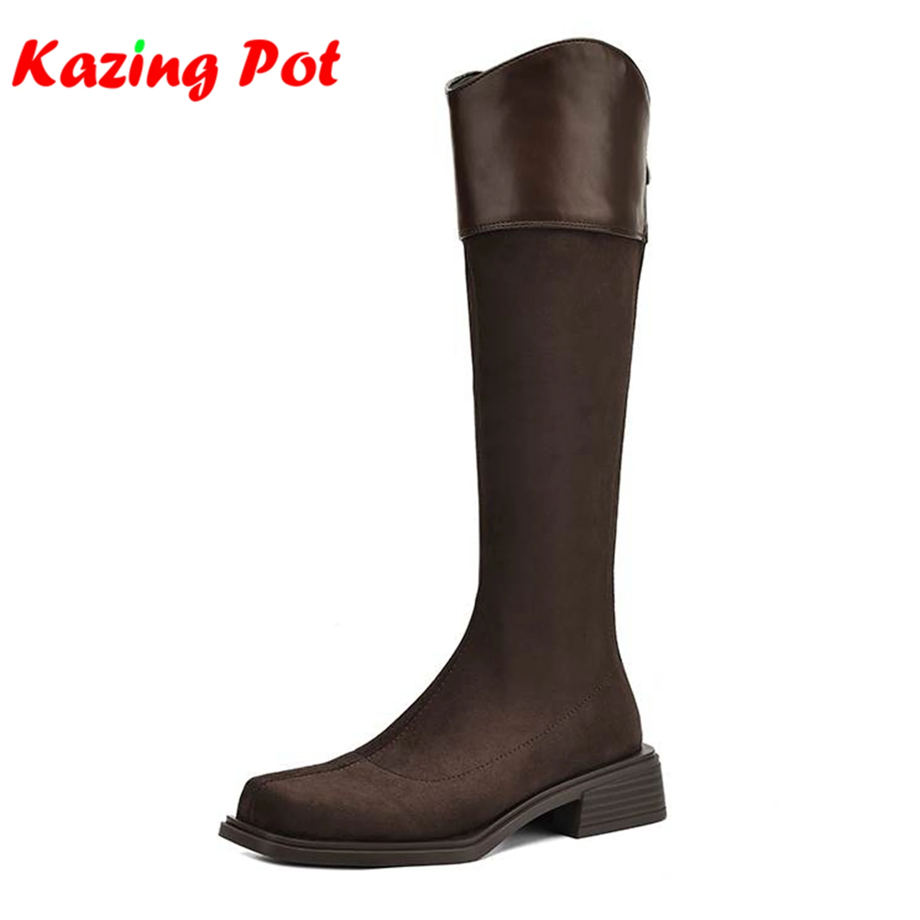 

Krazing Pot Сапоги для верховой езды из микрофибры с квадратным носком и толстым каблуком, большой размер 43, повседневные британские школьные высокие сапоги до бедра на молнии