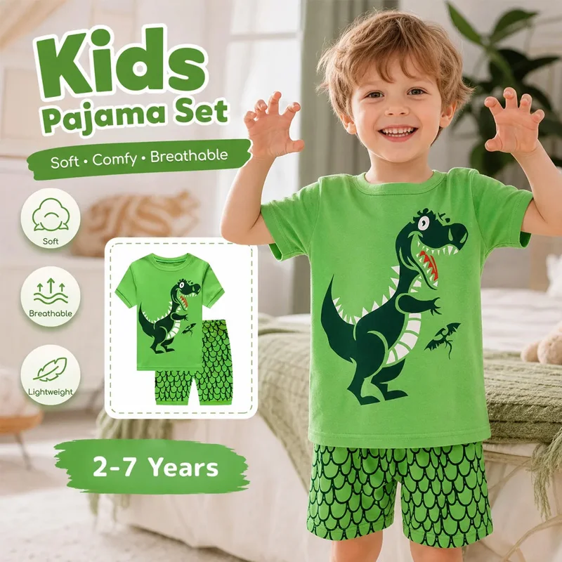 Little Hand Boys Short Sleeve Pajama Set Kids Cartoon Dinosaur Print Summer Loungewear Sleep Suit for 2-7 Years Old Toddler