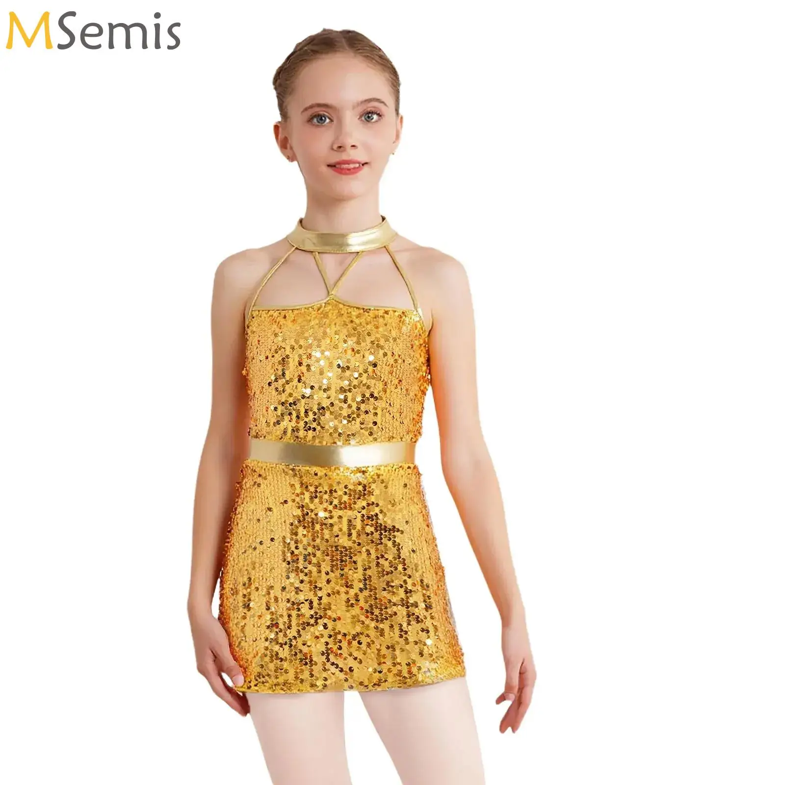

Girl Ballet Modern Jazz Latin Dance Dresses Stage Performance Costume Halter Strappy Sequins Metallic Dress Shorty Unitard Dress
