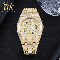 Aokaishen 2023 Full Bling Men's Watches Iced Out Premium Rubber Strap Watch For Men Quartz Watches Gold Date Clock Relogio