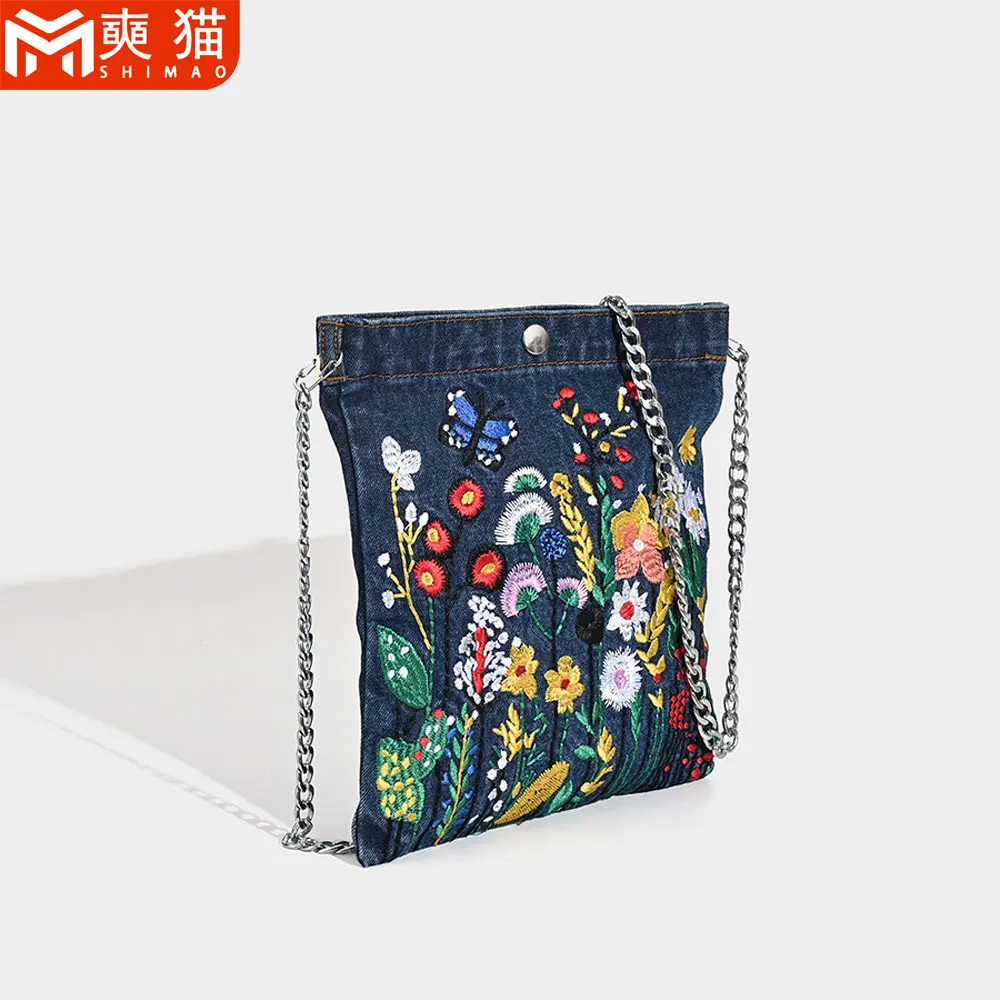 

Fashion Denim Shoulder Bag For Women Niche Ethnic Style Cross-Body Bag For Girls Students Retro Art Embroidered Cross-Body Bag