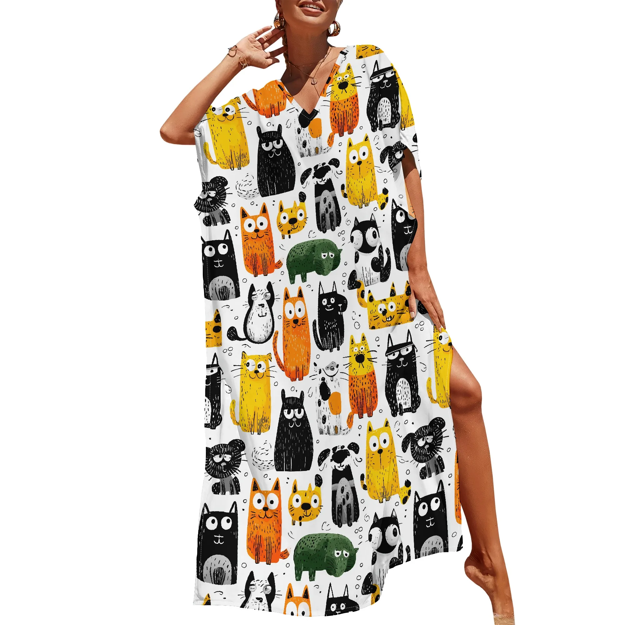 Colorful Cat Print V-Neck Maxi Dress S-3XL - Fun Animal Pattern, Perfect for Casual Summer Wear & Cat Lovers