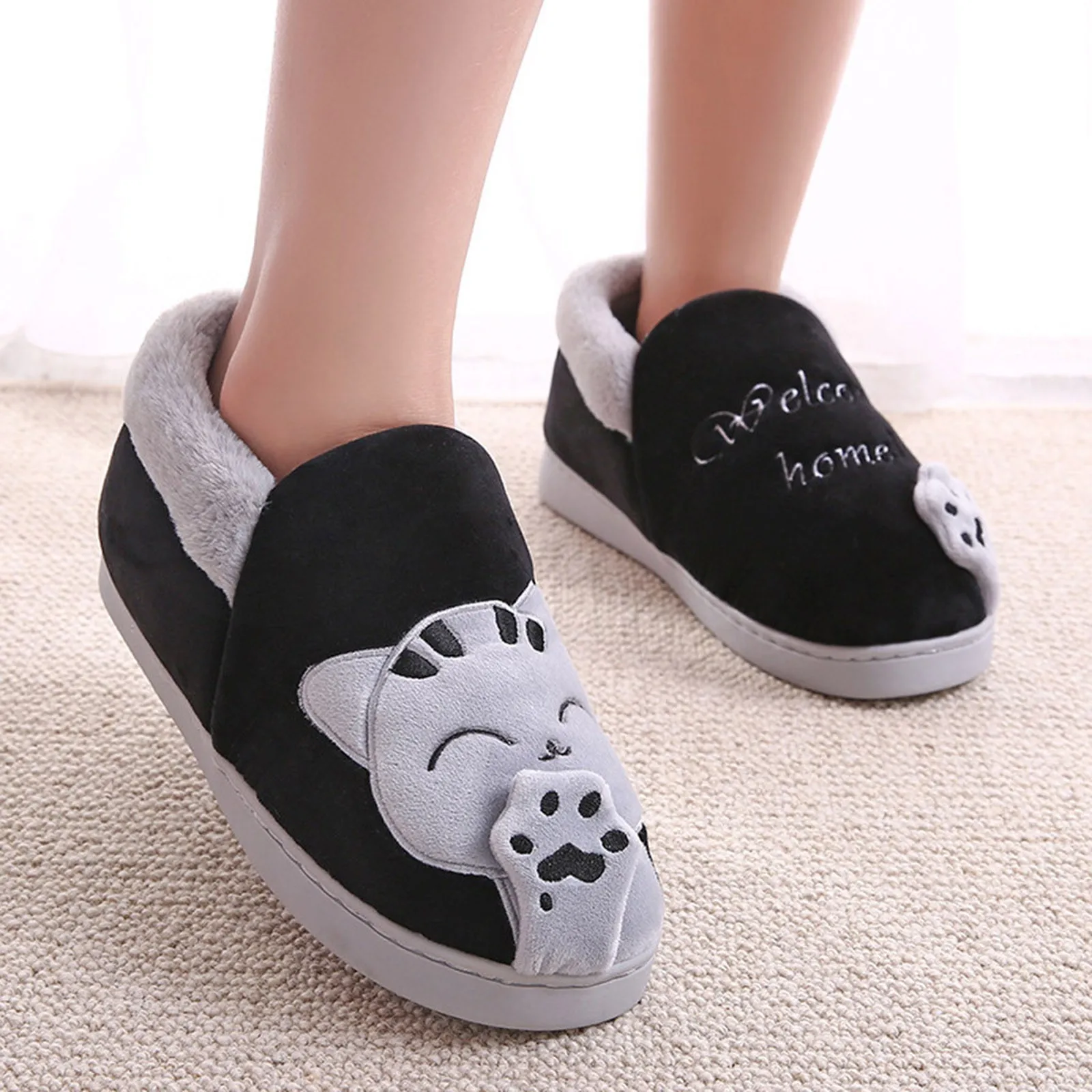 Men Shoes Cotton Slippers Fashion Cartoon Cat Home Indoor Couple Winter Warm Shoes Cover Heel Slippers Men Memory Foam Slippers