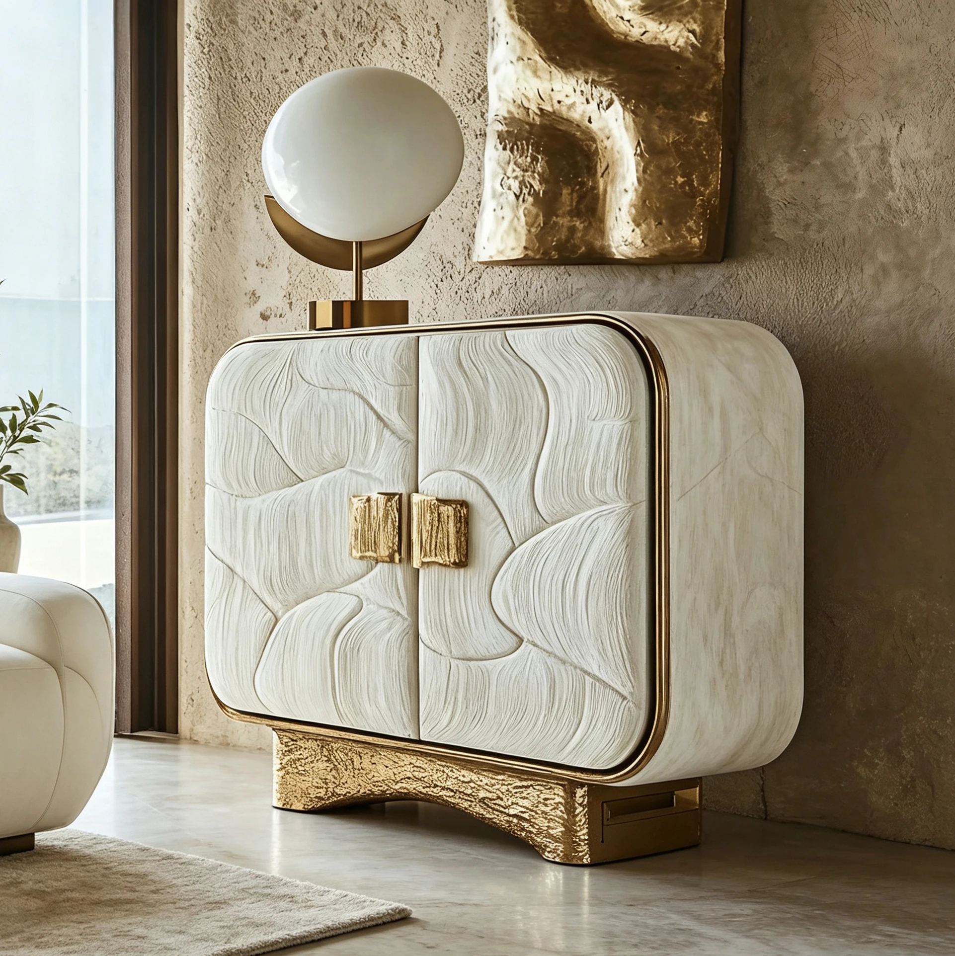 Y*-Carved Wave Pattern Media Cabinet Gloss Golden Frame 2 Door Storage Console for  Showroom Interior