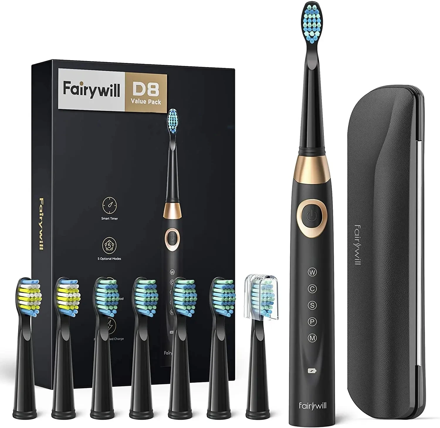 Fairywill Electric Toothbrushes for Adults Kids 5 Modes Smart Timer Rechargeable Whitening Sonic Toothbrush with 10 Brush Heads