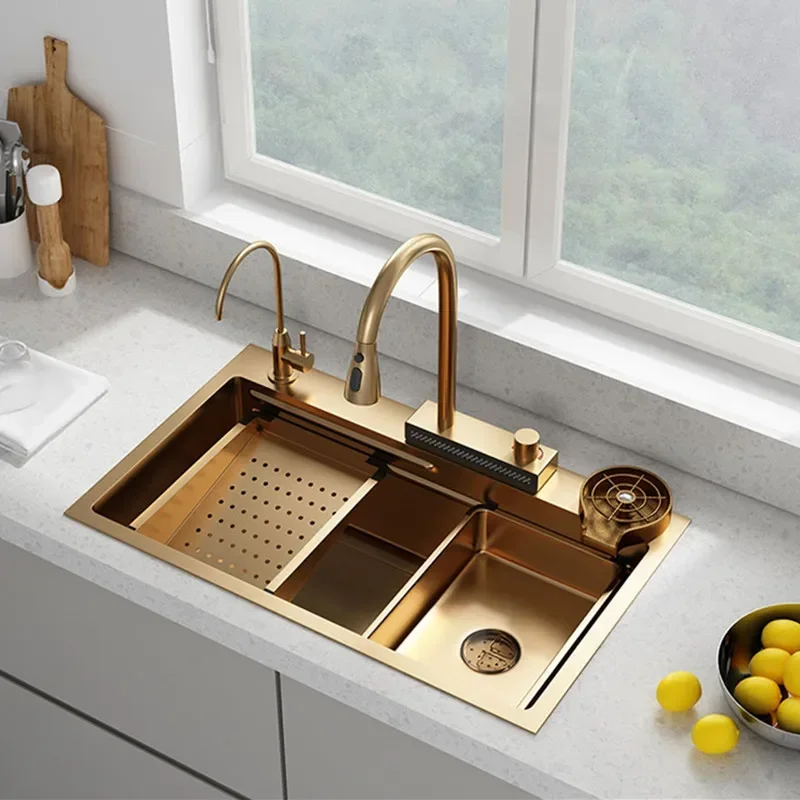 

Nano Golden Waterfall Washing Basin Stainless Steel Kitchen Household Sink Large Single Sink New Thickened Sink