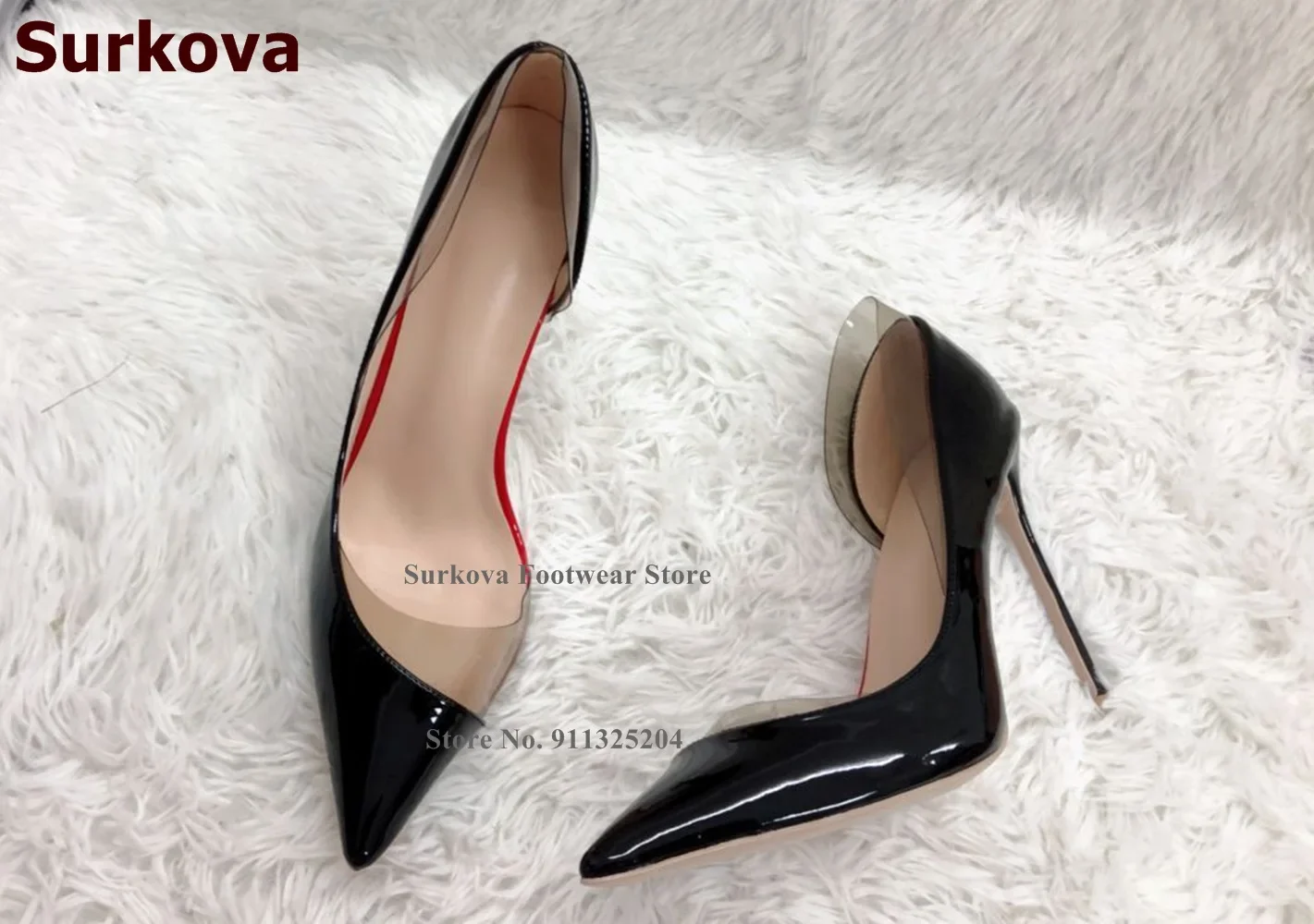 Surkova White Black Patent Leather PVC Patchwork Pumps Women 12cm Stiletto Heel Pointed Toe Wedding Shoes Transparent Footwear