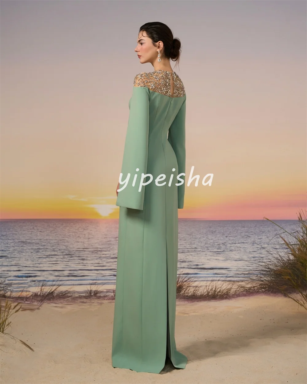 Customized Sparkle Intricate Jersey Pleat Rhinestone Straight Scoop Neck Long Dresses Evening Dresses Exquisite High Quality