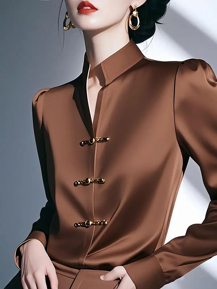 

Spring Unique Luxury Top Fashionable Chic New Chinese Style Watery Satin Buttoned Shirt