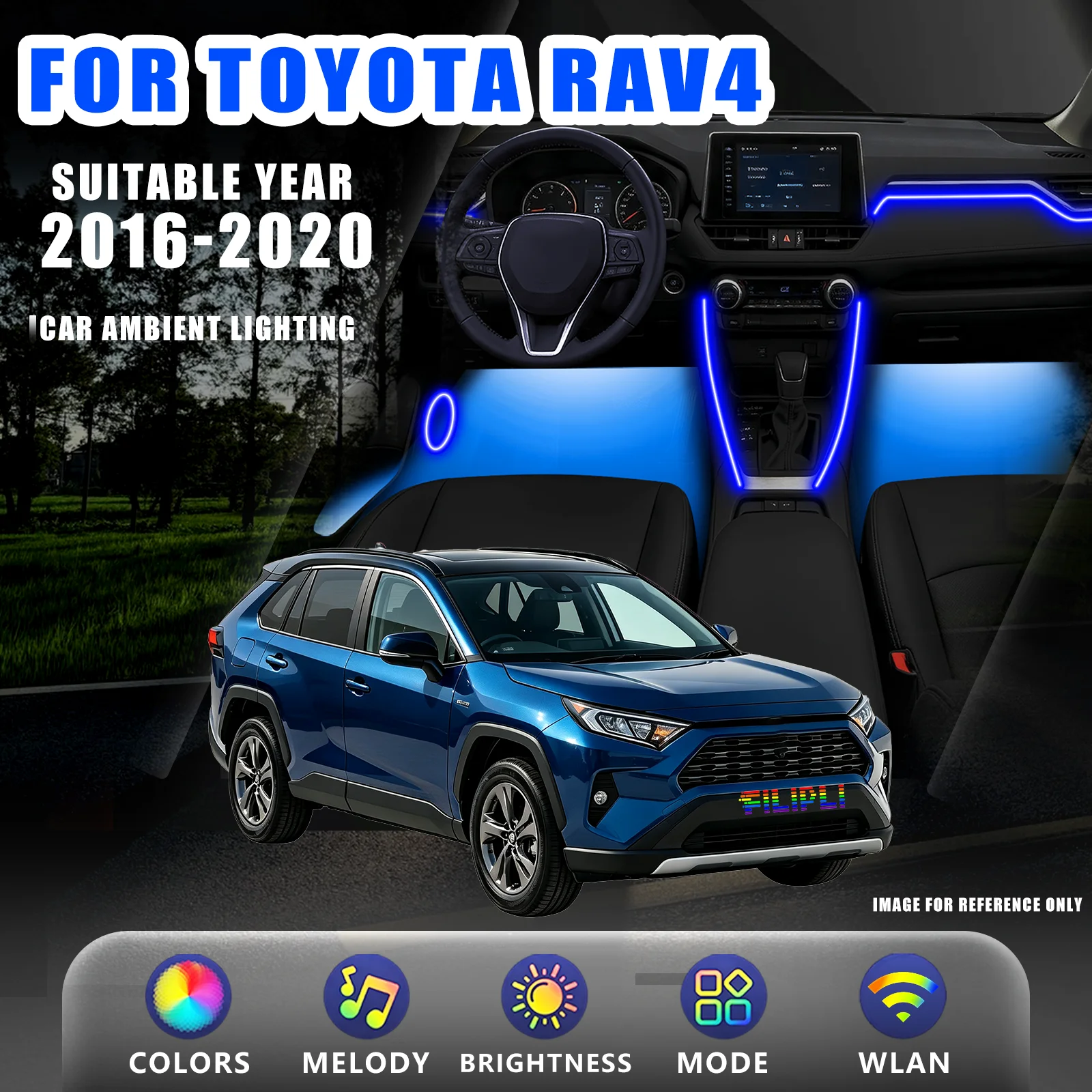 FOR TOYOTA RAV4 2016-2020 YEAR RGB 18 Lights car ambient light kit user custom scene storage diffuse soft anti glare over temp over current protection full cabin one touch control decorative kit