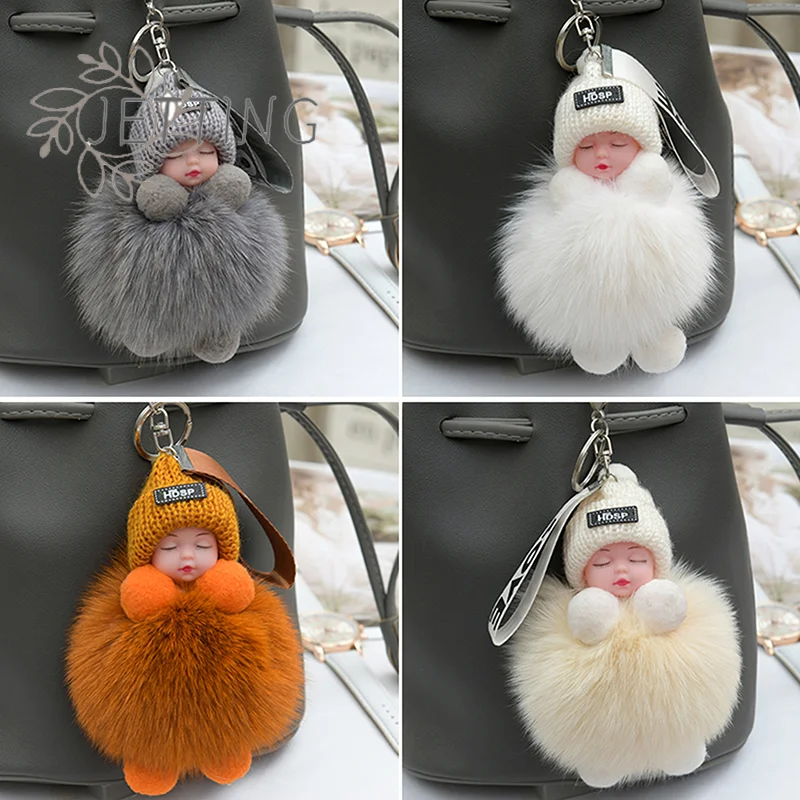 ホットポンポン寝ている赤ちゃんキーホルダーかわいいふわふわぬいぐるみキーホルダー女性ガールバッグキーリング車のキーリングギフト魅力的な装飾