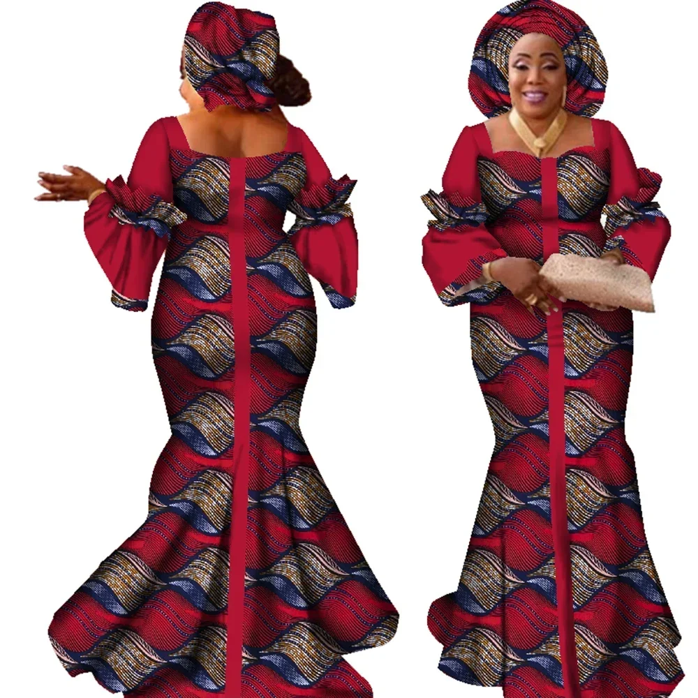 

African Dresses for Women Fashion Design New African Bazin Fashion Design Dress Long Dress with Scarf African Clothes WY2347