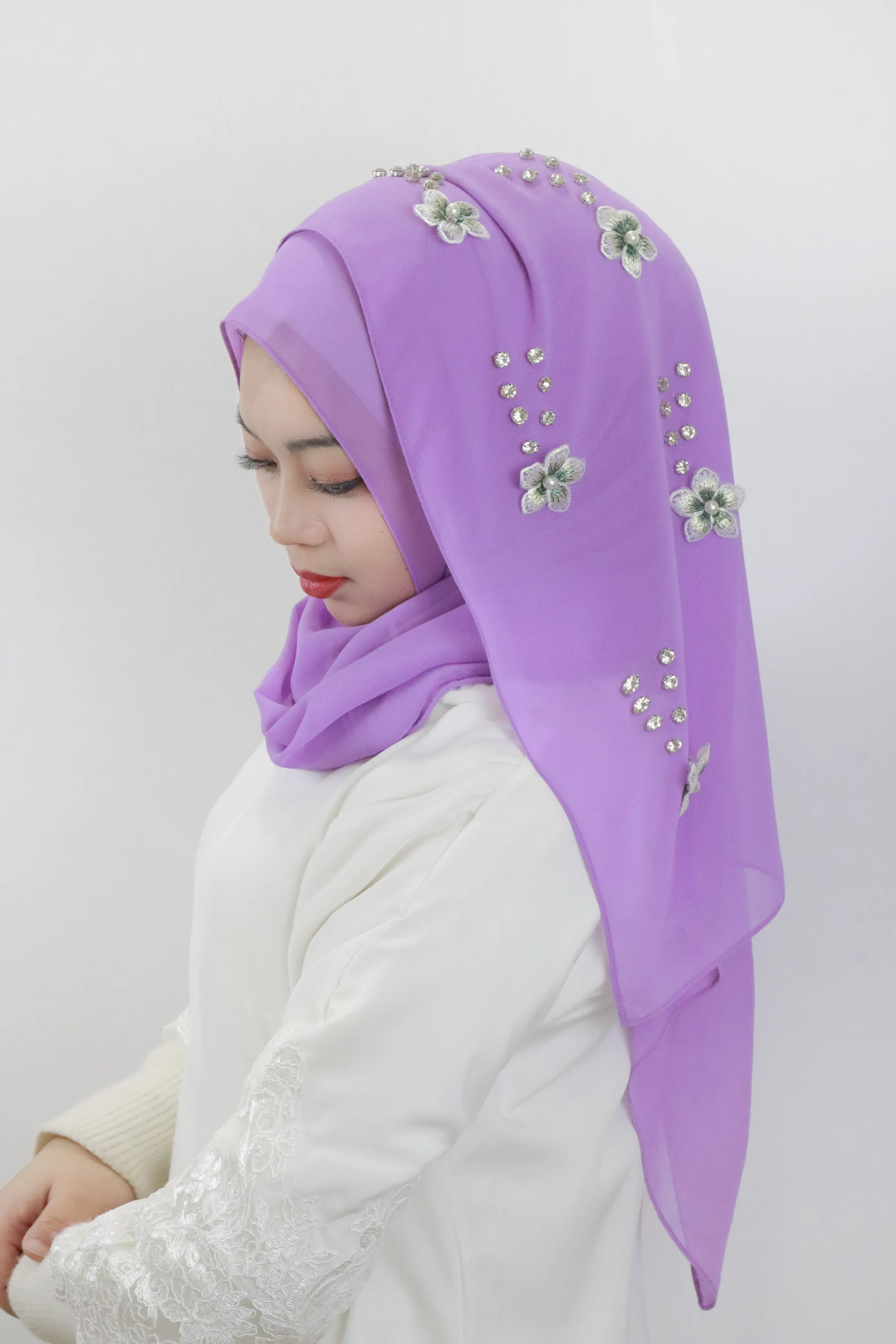 Hijab en mousseline de soie perlée florale pour filles, comparateur de couleur météo de printemps, trekking de printemps, protection solaire