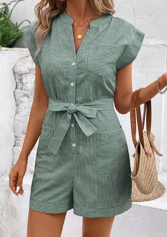 Jumpsuit Women 2026 Spring Summer New Fashion Striped Round Neck Short Sleeve Pocket Design Casual Lace Up Daily Romper