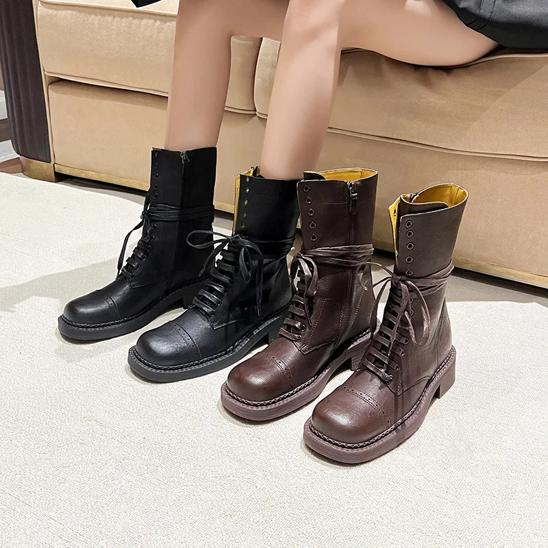 

2025 модные ботинки в стиле вестерн-панк, женские длинные сапоги на шнуровке и грубым каблуком, новые рыцарские сапоги, зимние