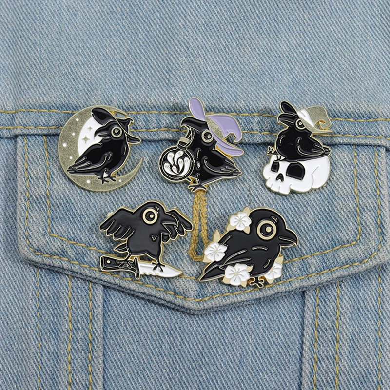 Punk Crow Wizard Enamel Pins Custom Black Gothic Skull Brooches Lapel Badges Animal Jewelry Gift for Kids Friends