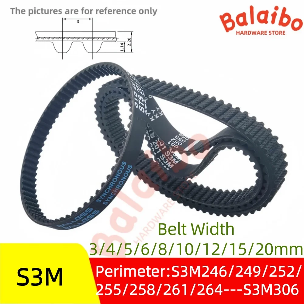 S3M High Torque Rubber Timing Belt perimeter S3M246/249/252/255/258/261/264/267/270---S3M306 Belt Width 3/4/5/6/8/10/12/15/20mm