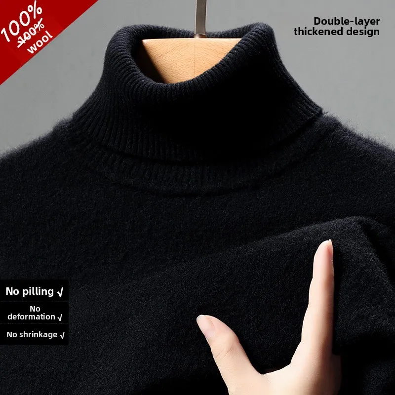 Sweater Rajut Wol Pria Kerah Tinggi Musim Dingin Fashion Bisnis Kasual Longgar Nyaman Hangat Bernapas