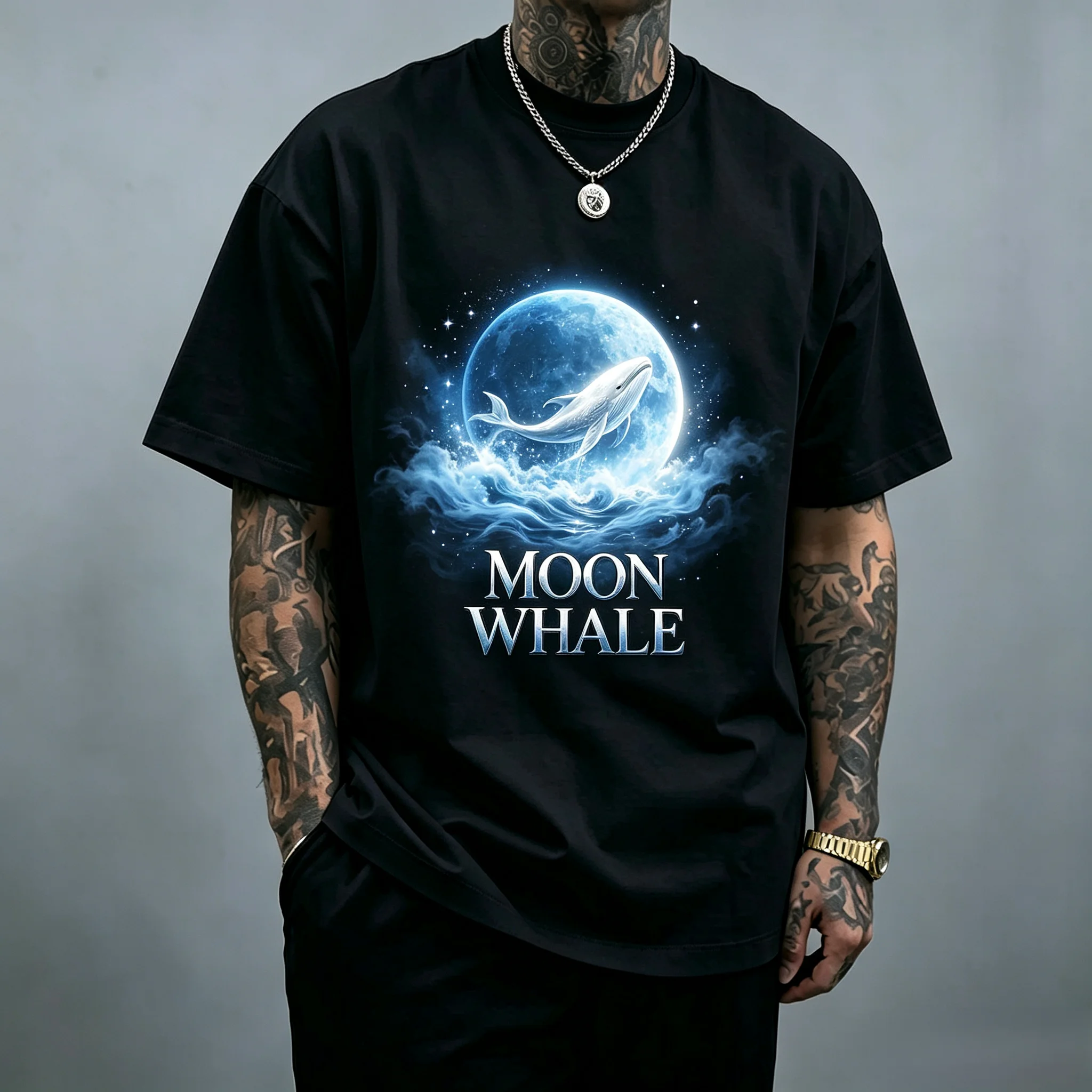 Unisex Magical Moon Whale Floating Over Ocean Waves T‑Shirt for Men Women Cosmic Starry Sky Blue Ocean Sea Creature Print Tee Fantasy Aesthetic Casual Cotton Short Sleeve Streetwear Tops