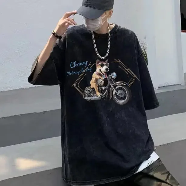 

100% Pure Cotton Heavy Washed Old Fun Dog Riding Motorcycle Short-sleeved T-shirt Summer Half-sleeved Men's Loose Xi