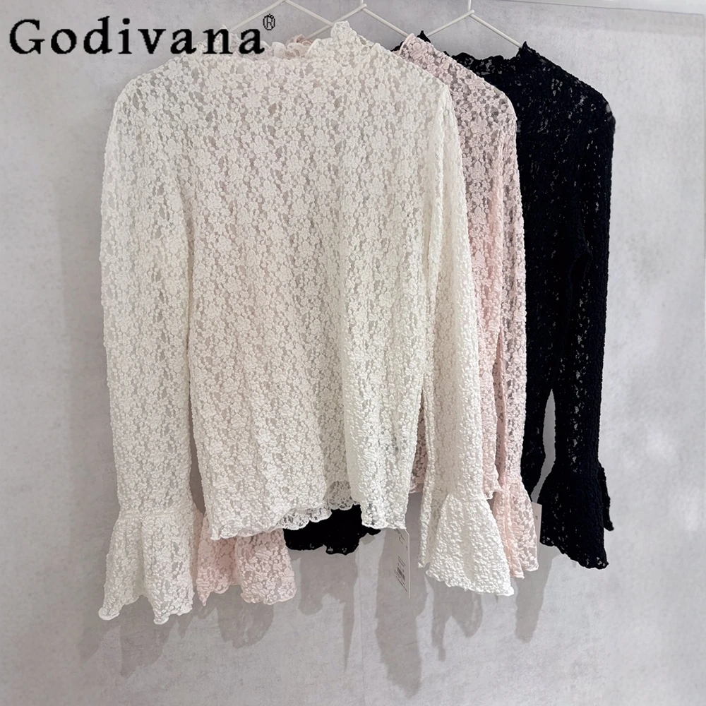 

Japanese Girls Half High Collar Flare Sleeve Lace T-Shirt Spring Autumn Women's Slim Fit Elegant Sweet Pullover Bottoming Tops