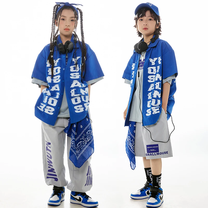 Boys Hip Hop Dance Costume Short Sleeves Blue Shirt Pants Loose Jazz Practice Clothes Girls Kids Hiphop Competition Wear BL12841