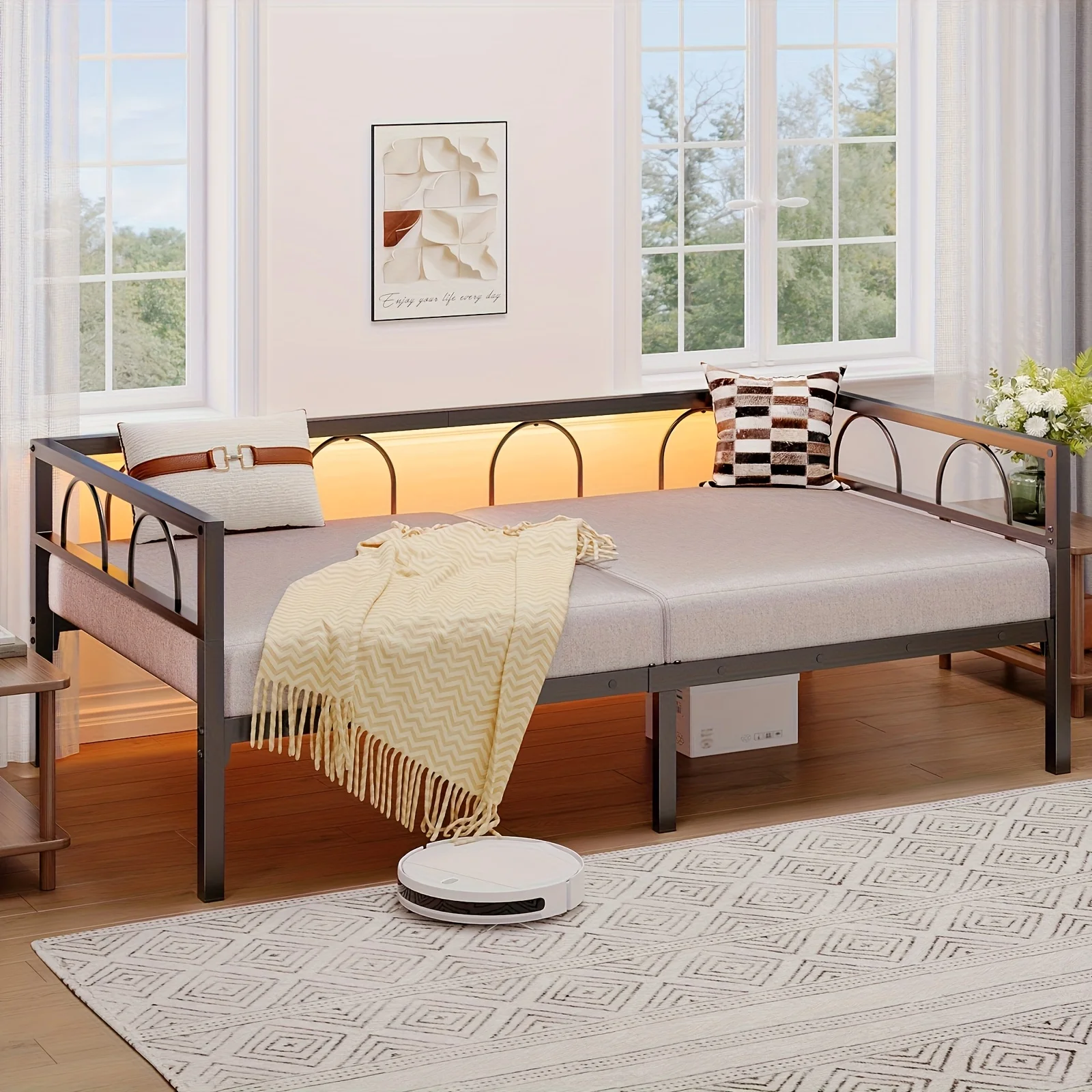 

Modern Twin Metal Daybed With RGB LED Lighting - Dual-Use Sofa Bed & Platform Sleeper For Living Room, Bedroom, Guest Room