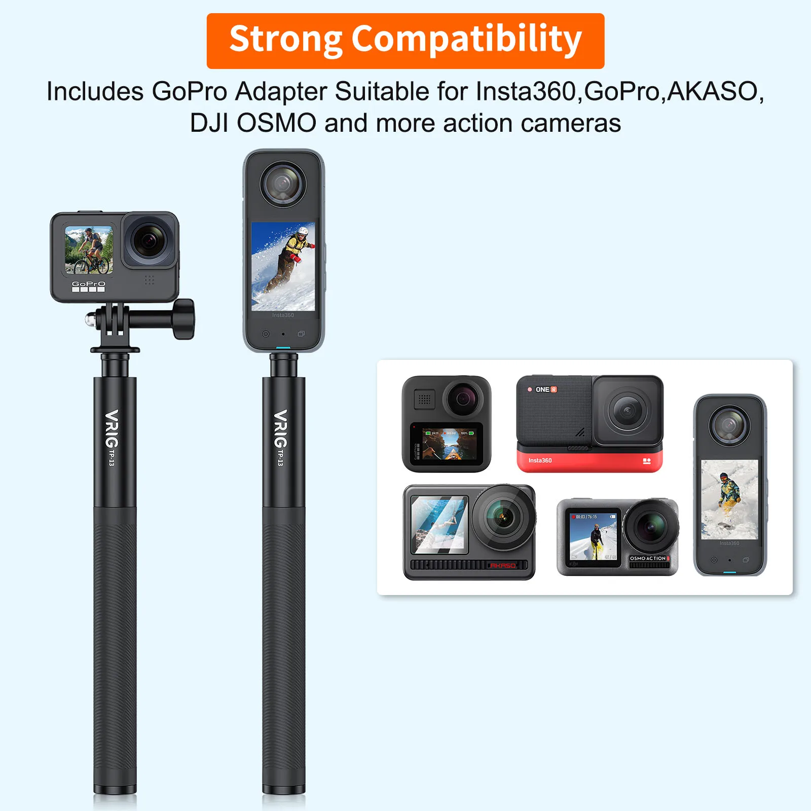 VRIG UURIG TP-13 Invisible Selfie Stick for Insta360 ONE X3, X2, X,ONE R, RS Action Camera W/ 1/4\