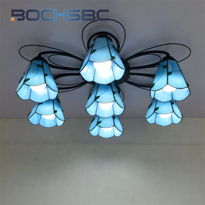 BOCHSBC Tiffany stained glass Mediterranean-style ceiling light deco the living room Restaurant Hotel bar blue pendant light