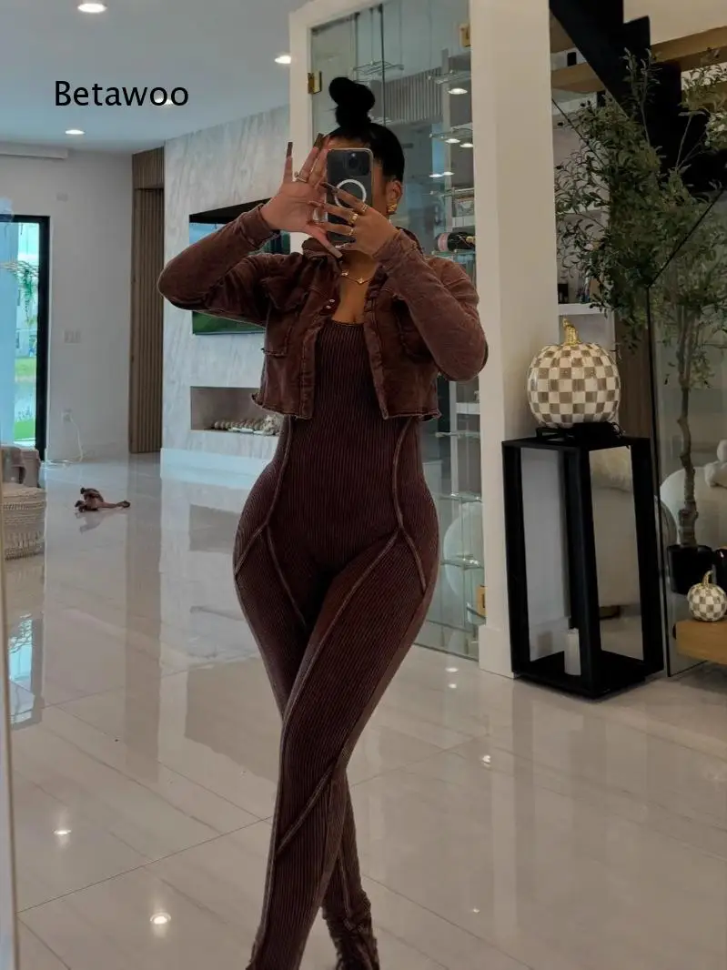Women Acid Wash Vintage Tone Two Piece Outfit Jumpsuit Set Relax Romper Fashion Garment For Daily Styling Outdoor Trip And Casu