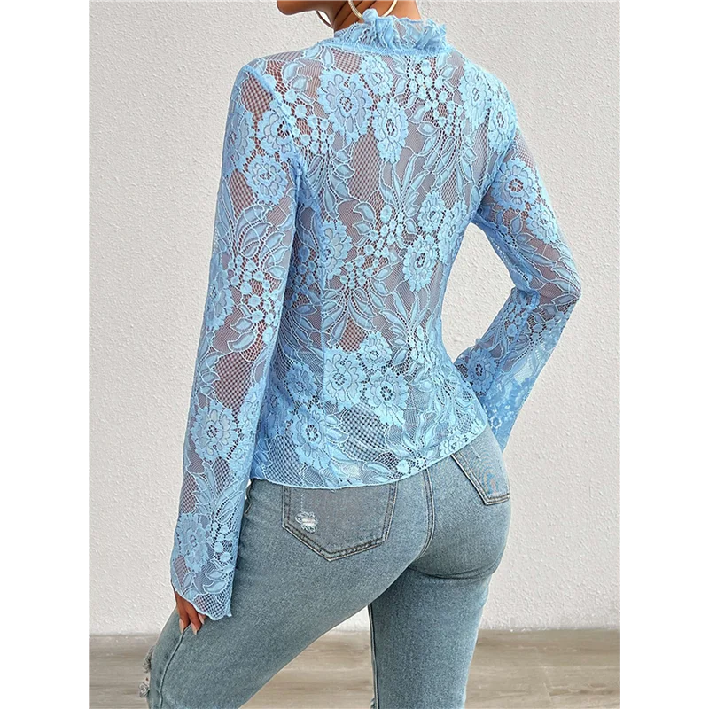 

NEW-Women's V Neck Lace Sheer Top Mesh See Through Shirts Open Front Tie Long Sleeve Blouses Y2k Going Out Tops