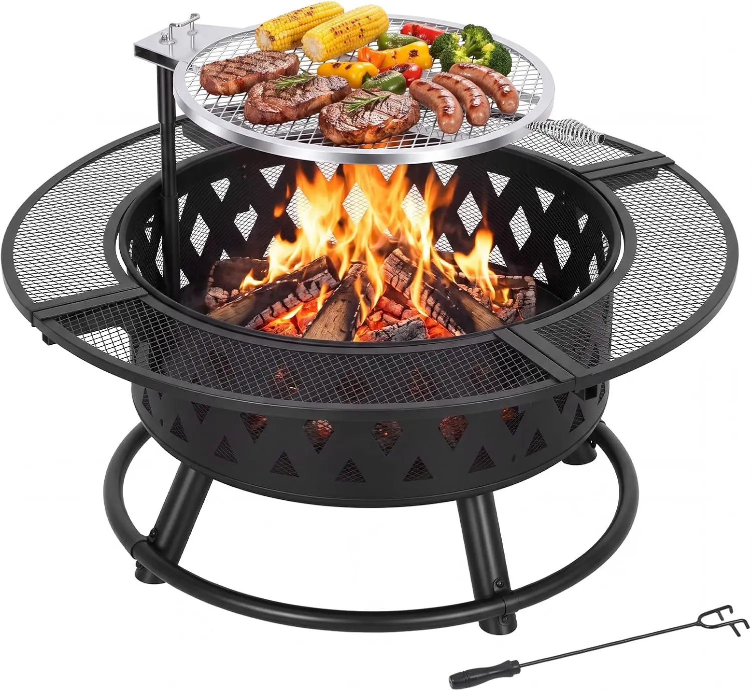 Tacleekii 39 Inch Fire Pit with Grill, Wood Burning for Outside Fireplace Round Metal Firepit Table 3 in 1 Use for Patio, Picnic, Party,BBQ, Backyard,Camping