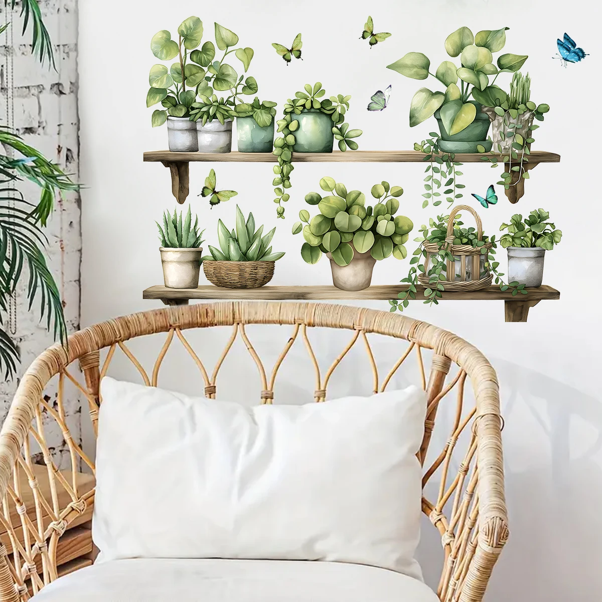Watercolor Potted Plant Butterflies Wall Stickers for Living Room Decoration Wall Decals Bedroom Kids Home Decor Background