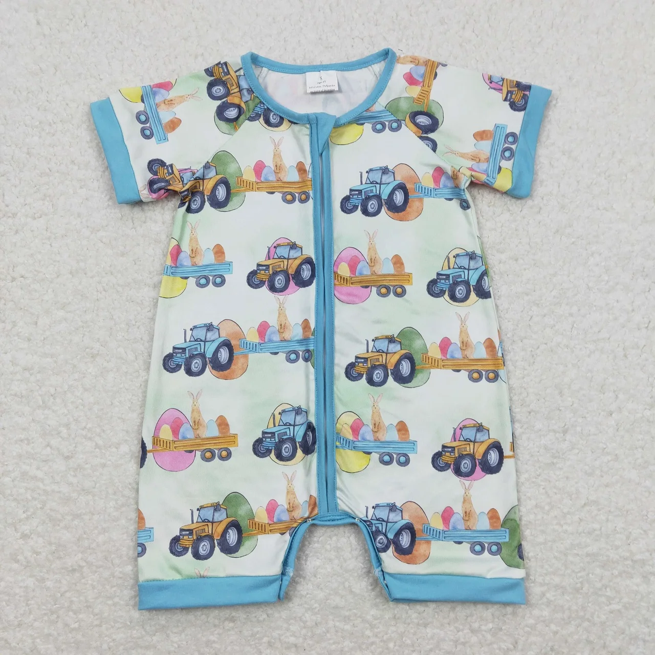 

Wholesale Children Kids Toddler Baby Boy Short Sleeves Rabbits One-piece Newborn Easter Tractor Eggs Blue Zipper Romper Clothes