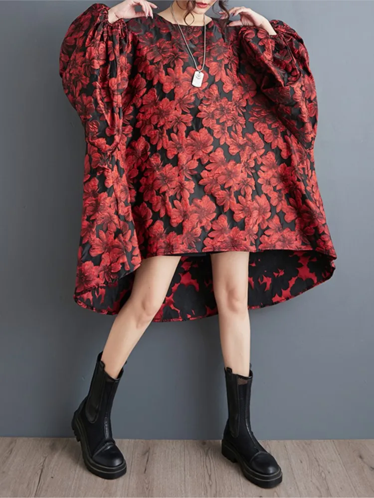 Oversized Autumn Mini Dress Women Flower Floral Fashion Irregular Pleated Ladies Dresses Loose Lantern Long Sleeve Woman Dress